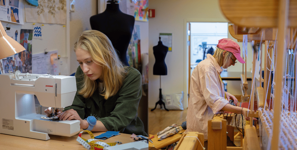 Två bilder ihopsatta till en. Till vänster är en person som sitter och syr vid en symaskin, till höger är en person som sitter och väver vid en vävstol. 