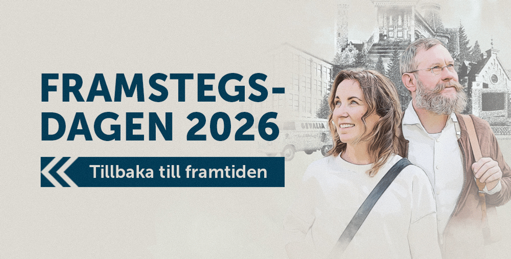 En man och en kvinna går tillsammans. Texten Framstegsdagen 2026 Tillbaka till framtiden visas till vänster om personerna.