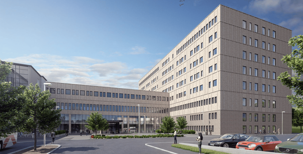 En konstnärs återgivning av en byggnad med bilar parkerade framför den.