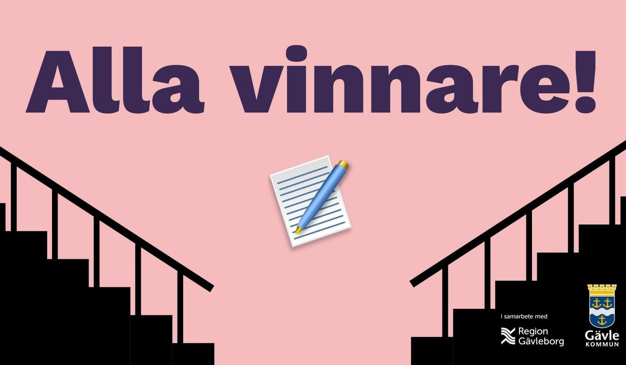 Rosa bakgrund, två svarta trappor illustrerade i varsin sida av bilden, text Alla vinnare högst upp, papper med streck som visar skriven text och en penna i mitten.