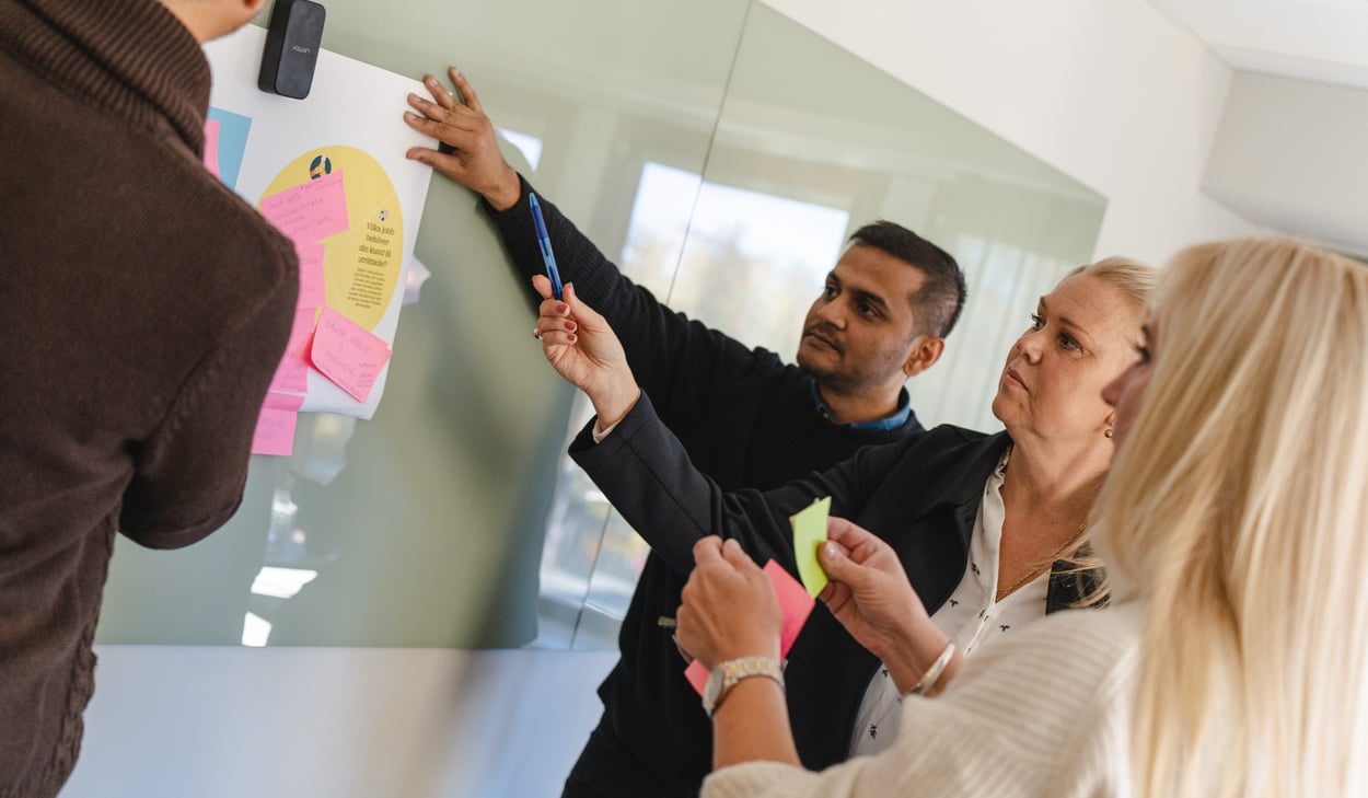 Tre personer framför en whiteboard diskuterar och sätter upp post-it lappar