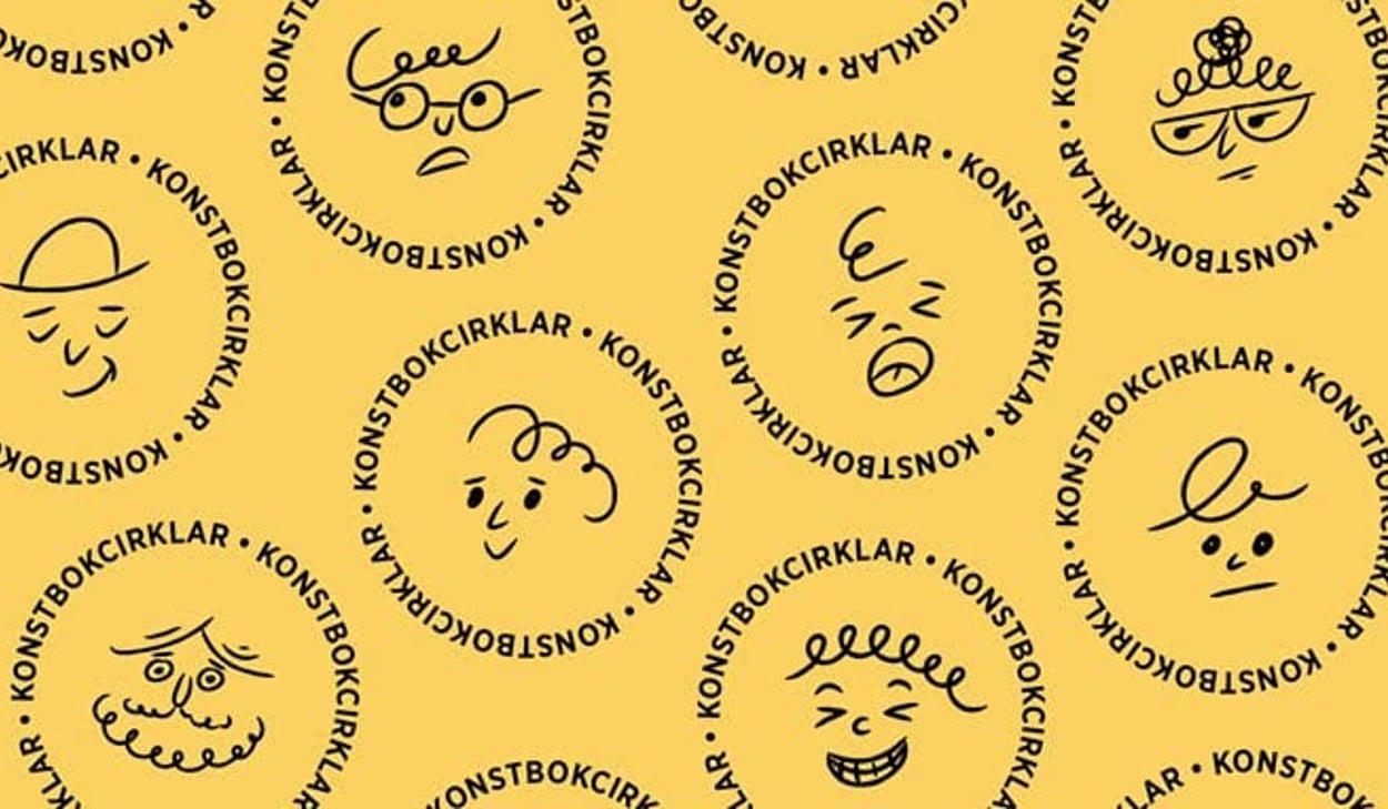 Grafisk bild med en gul bakgrund och text i cirklar och olika symboler