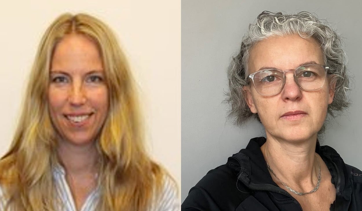 Två porträtt bredvid varandra. Till vänster syns en kvinna med långt, blont hår. Hon ler och har på sig en ljus blus. Till höger syns en kvinna med kort, lockigt grått hår och glasögon.