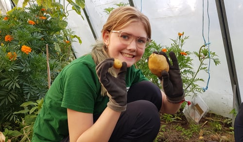 Barn som odlar tillsammans i grupp. Vi ser plantering och skörd.