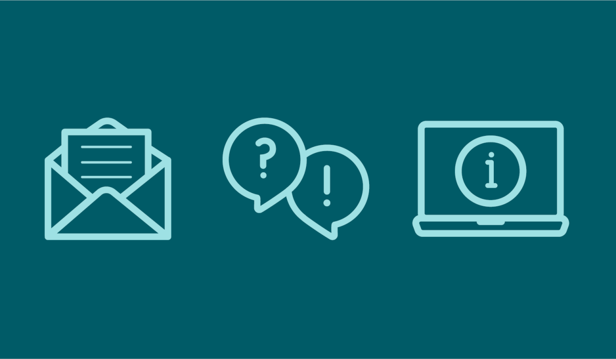 En mörk turkos bakgrund innehåller tre ikoner i ljusare turkos. ett brev i kuvert, informations bubblor samt en dator.