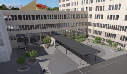 Visualisering av den nya huvudentrén på Hudiksvalls sjukhus, sedd utifrån. Den nya länkbyggnaden mot hus 23 är också synlig i bild.