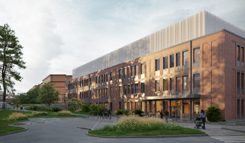 Bilden visar en arkitektillustration av färdiga hus 63 på Gävle sjukhus. Byggnaden kommer att rymma en ny akutmottagning och ett samlat flöde för förlossning, BB och neonatalvård.