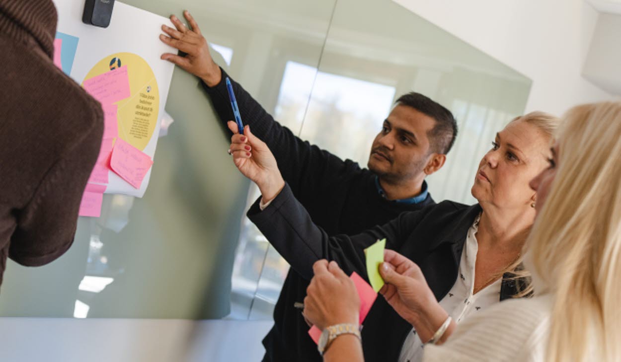 Tre personer framför en whiteboard diskuterar och sätter upp post-it lappar