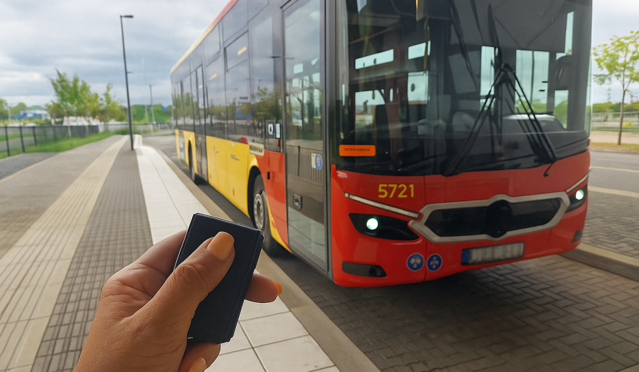 hand håller i bilnyckel i förgrunden. mitt i bilden en buss
