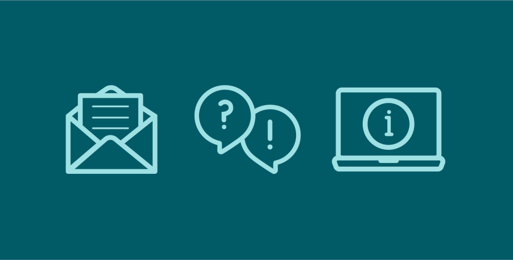 En mörk turkos bakgrund innehåller tre ikoner i ljusare turkos. ett brev i kuvert, informations bubblor samt en dator.